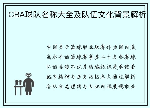 CBA球队名称大全及队伍文化背景解析
